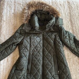 Marc New York Olive Quilted Jacket with Faux Fur Hood